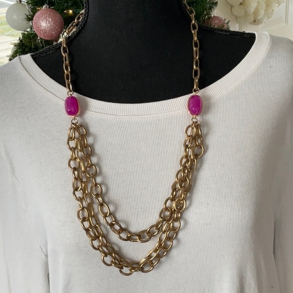 LONG VINTAGE MULTISTRAND CHUNKY CHAIN NECKLACE CERISE PINK STONA - Picture 2 of 5